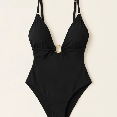 Eclipse Plunge One-piece, laid flat, front view