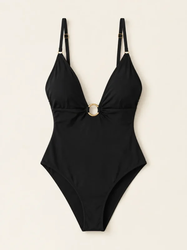 Eclipse Plunge One-piece, laid flat, front view