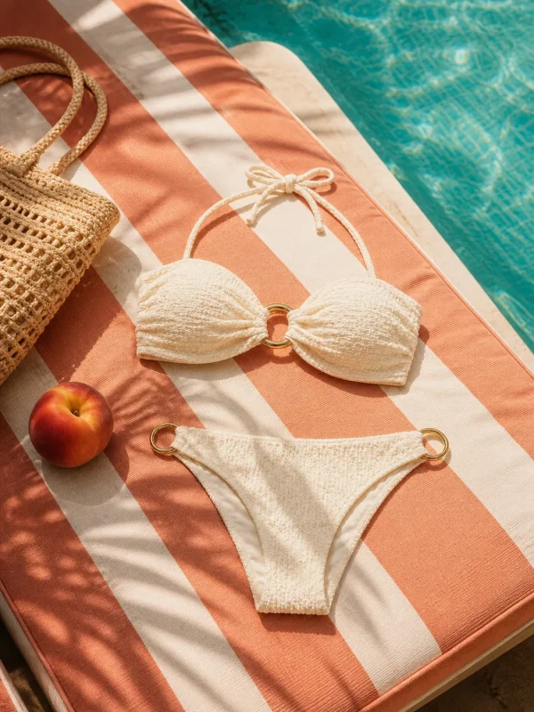 Orbit Twist Bandeau Top, worn on the beach