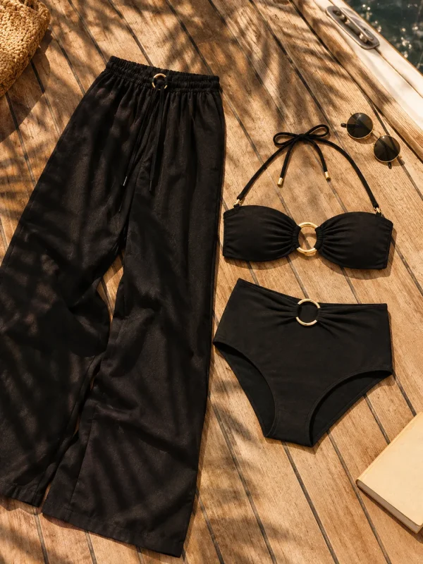 Ring-tie Wide-leg Beach Pants, worn on the beach