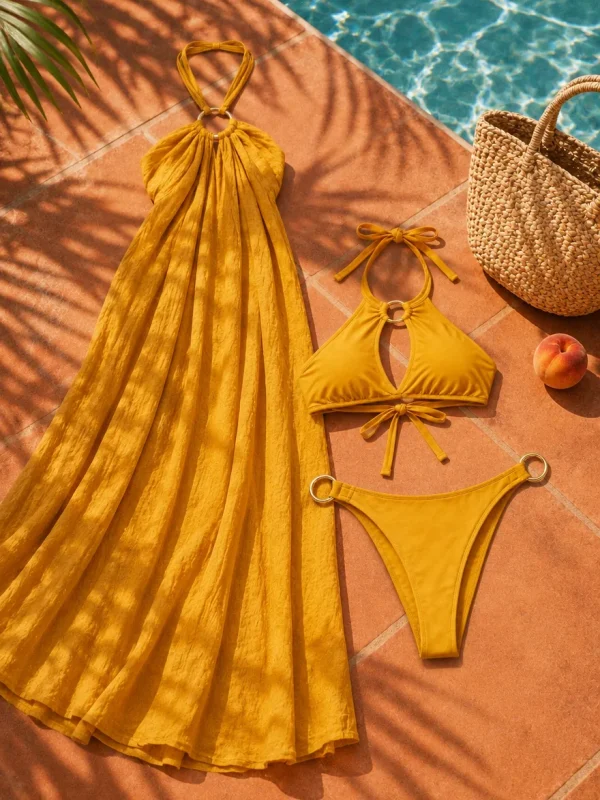 Ring-strap Gauze Maxi Dress, worn on the beach
